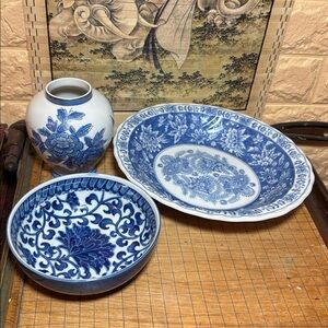 Andrea by Sadek Vase 4.5”H, Bowl 5.5”D Made Japan w Oval Chinoiserie Bowl